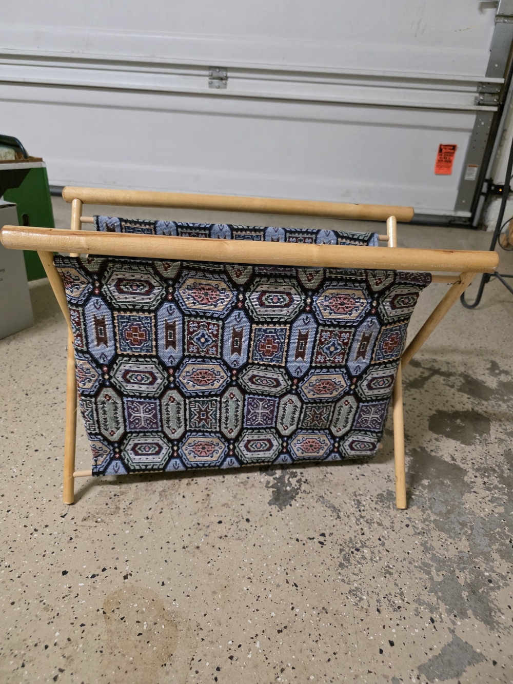Wood Frame Magazine Rack with Blue Patterned Fabric